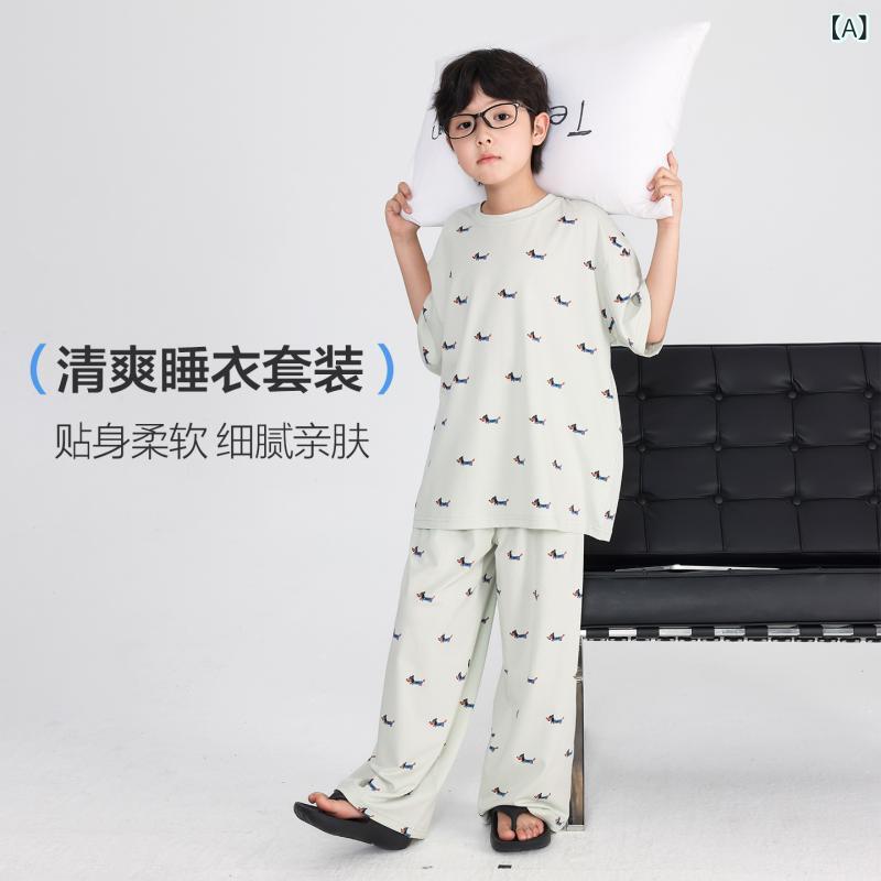 男の子の 夏の 韓国 風 半袖 空調 服 パジャマ 2025 新しい 中型および 大型 子供 用 アイス シルク 薄い ホーム 服 セット