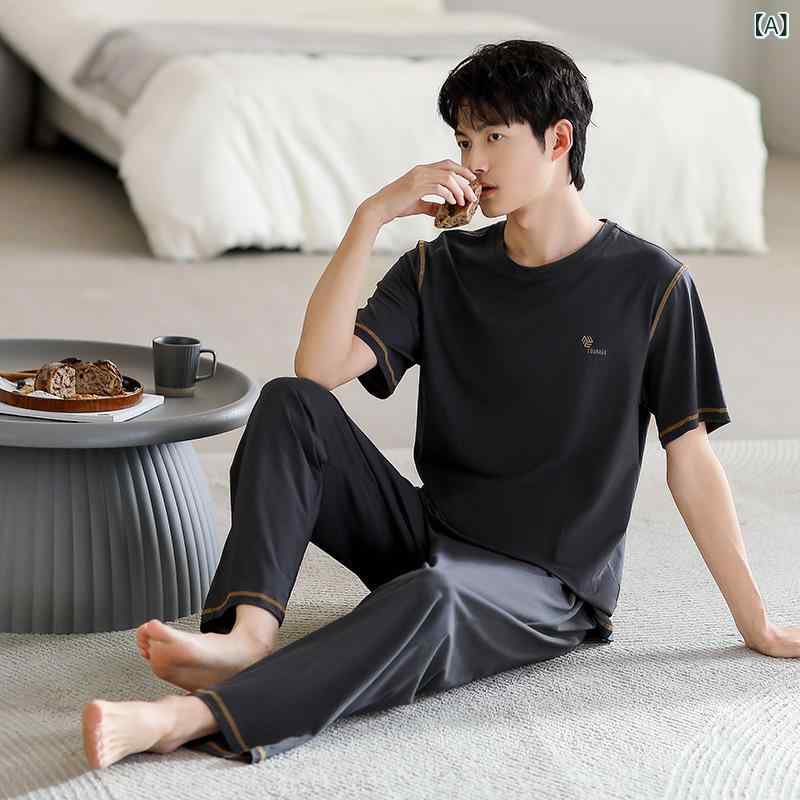 モー ダル 男性 パジャマ 春 夏の 丸首 カバー 夏の 薄い 半袖の 大きい サイズの 青年 家庭 服 セット