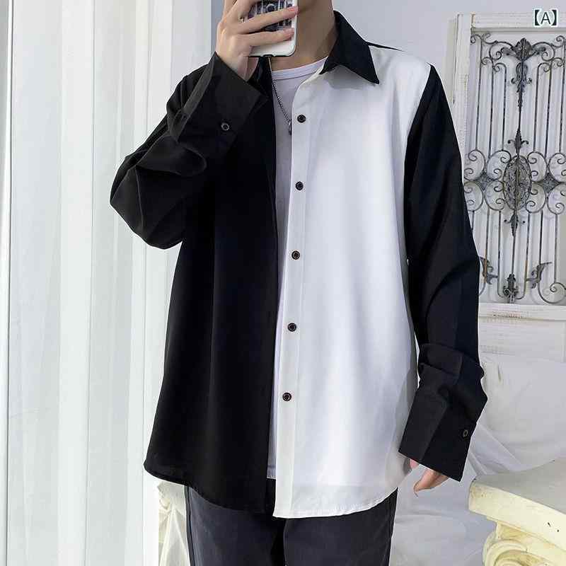 白黒の デザイン 感の 上着の 男性の 精巧な 韓 風の 気質の シャツの 高級 感の シャツの 男性の 長袖の 韓国 版の 潮流