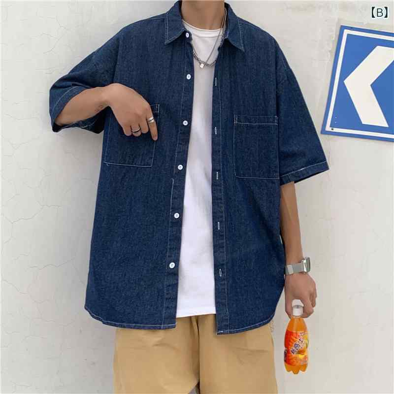 デニム 半袖 シャツ 男 夏 韓国 版 ファッション 青少年 レトロカジュアル bf 風 ゆるい カーディガン 半袖 コート 2