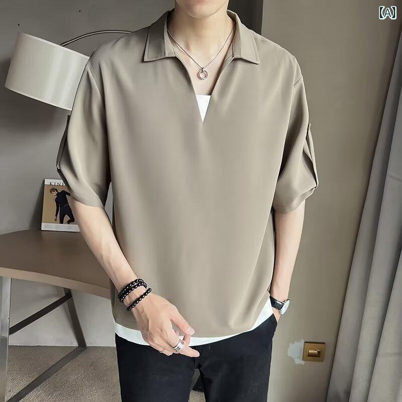 メンズ ポロシャツ 夏 新作 刺繍軽 熟 風 メンズ 折り 襟 t シャツ シンプル ゆったり インパクト ライン 高級 上着
