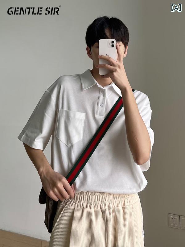 国 潮の 白い 半袖 polo シャツの 男性の 夏は ゆったり して いて かっこいいです。