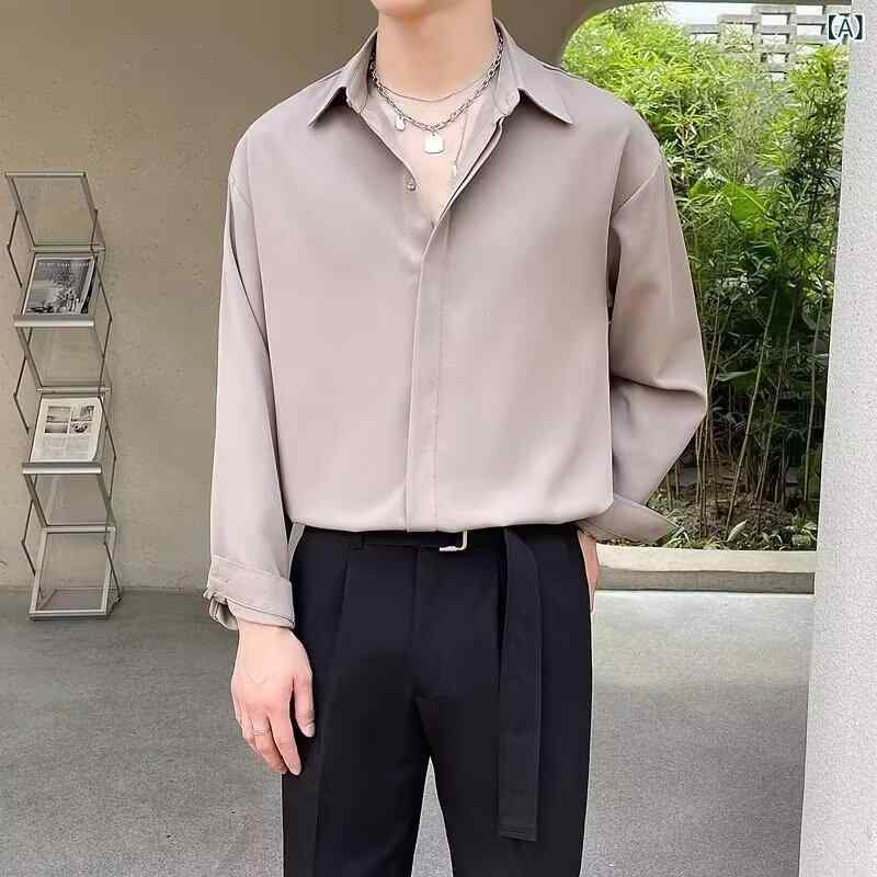 垂れ下がった 感じの 無料の 熱い シャツの 男性の 長袖の 軽くて 熟して いる 風の 韓国 版の ゆったり して いる 百 合の純 色の 寸の シャツの 春と 秋の ごろつきの かっこいい 上着