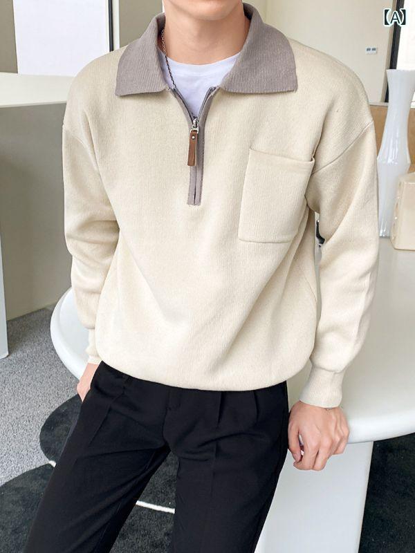 衝突 色 polo 襟 セーター 秋冬 男性半 ファスナー ニット ゆるい 韓国 版 bf トレンド かっこいい カジュアル 上着