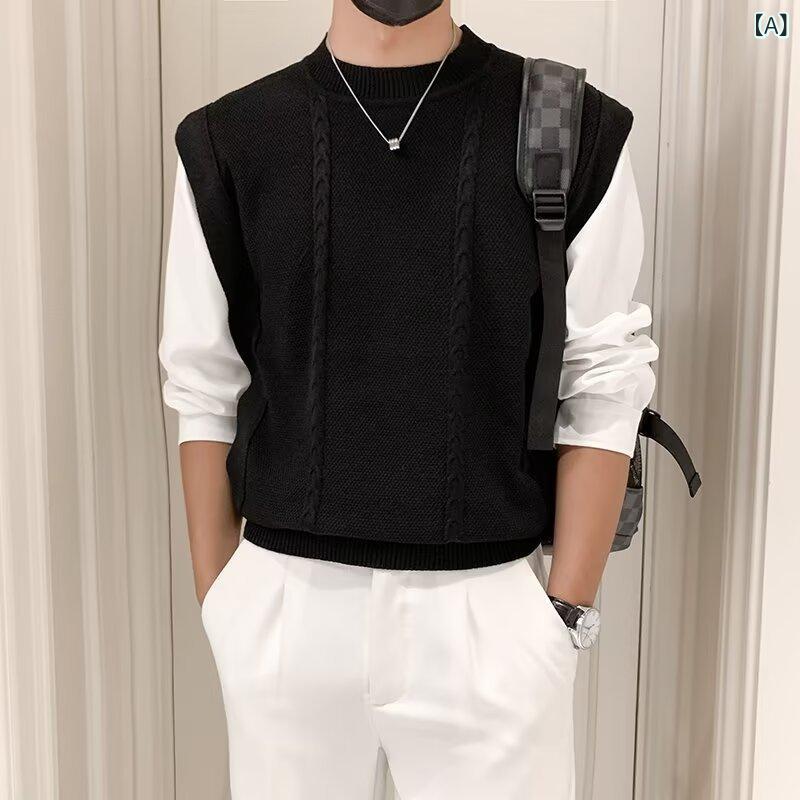 秋冬の 新型の 個性 的な 偽の 丸首の セーターの 紳士 服の 韓国 版の ゆったり して いる 馬 甲は シャツの メリヤスの 潮流を つなぎ 合わせます。