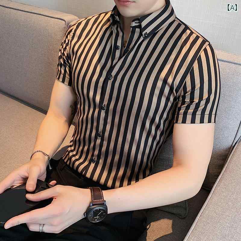 ストライプの シャツの 男性の 半袖の 夏の 韓国 版の 修身の 英 倫の 男性の シャツの 高級な デザイン 感の ごろつきの かっこいい 半袖の シャツ