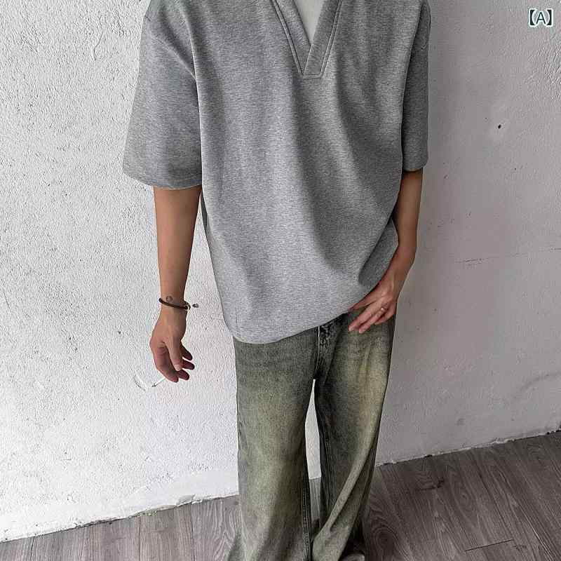 夏 韓国 風 フェイクツーピース 半袖 ボーイズファッション V ネックシンプル 万能 厚手 半袖 Tシャツ ハイストリートトレンドトップス