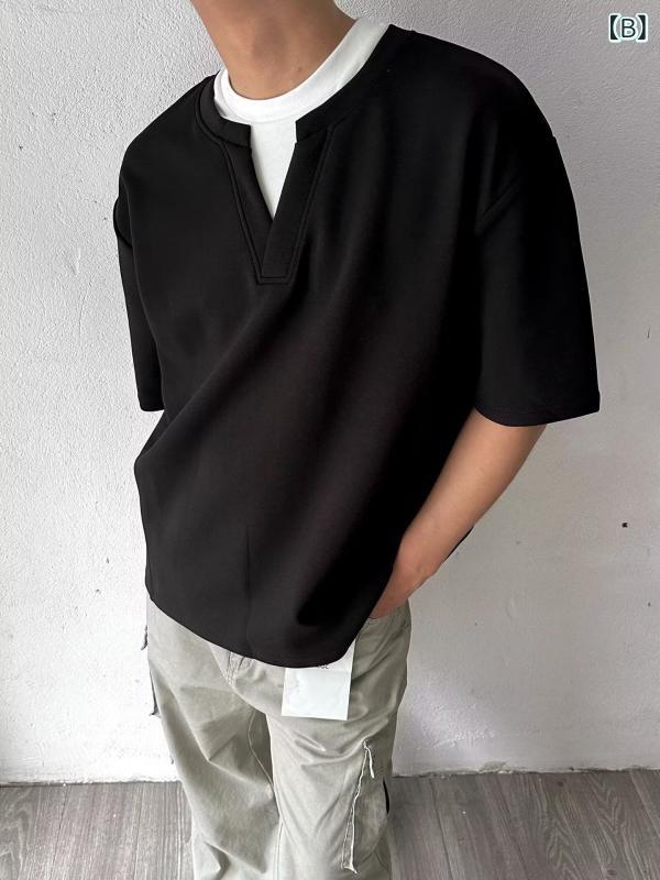 フォークBRの夏 韓国 風 フェイクツーピース 半袖 ボーイズファッション V ネックシンプル 万能 厚手 半袖 Tシャツ ハイストリートトレンドトップス｜アングル2
