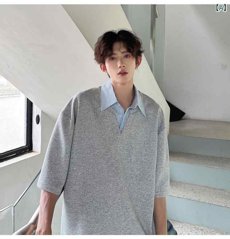 Order Shirts - 偽の 2 枚の polo シャツの 襟の ストライプの デザインの 重い ポンドの 半袖の 上着の 紳士 服の 韓 風の 簡単な 半袖は 襟を 折ります。