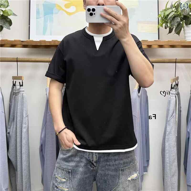 韓国 風 シンプル V ネックフェイクツーピースデザイン 半袖 Tシャツ メンズ 春 夏 ゆったり カジュアル 万能 無地 Tシャツ 半袖