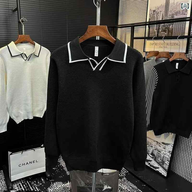 衝突 色の シンプルな polo 襟の プルオーバーの ニットの 男性の 青年の 保温の 2024 秋冬の 新型の 韓国 版の セーターの オーバー