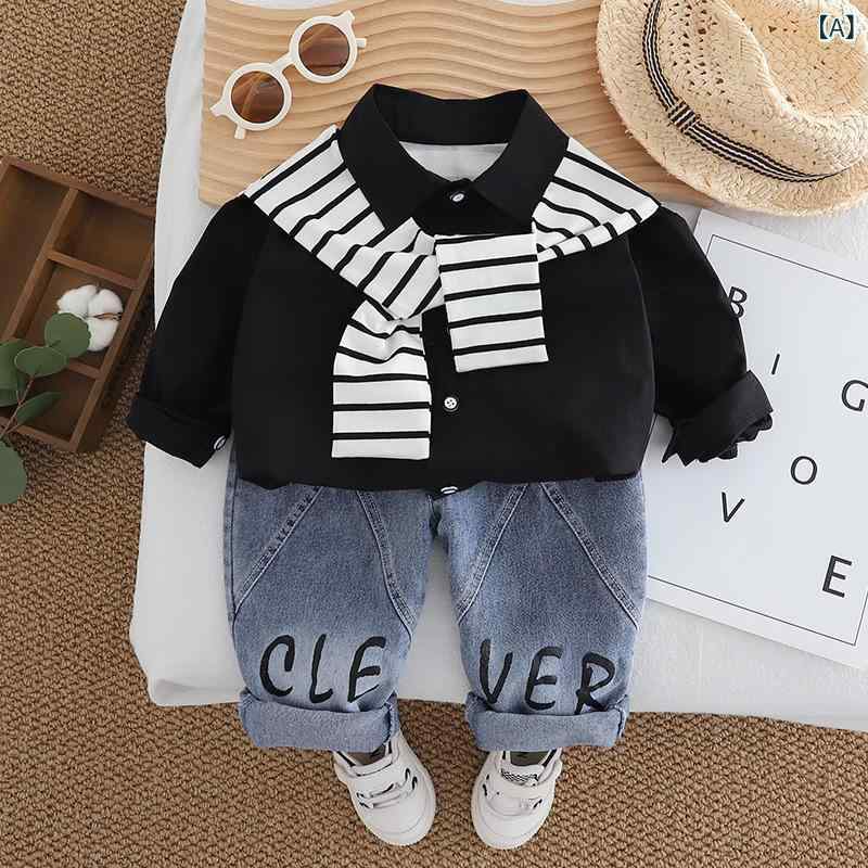 錦の 赤ちゃんの 子供 服の 男の子の 春の 服の 2025 新型の 男の子の 韓国 系の シンプルで かっこいい シャツの ジーパンの 2つの セット