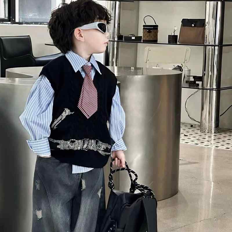 男の子 秋服 子供服 シャツ ベスト ジーンズ 2点セット カジュアル おしゃれ