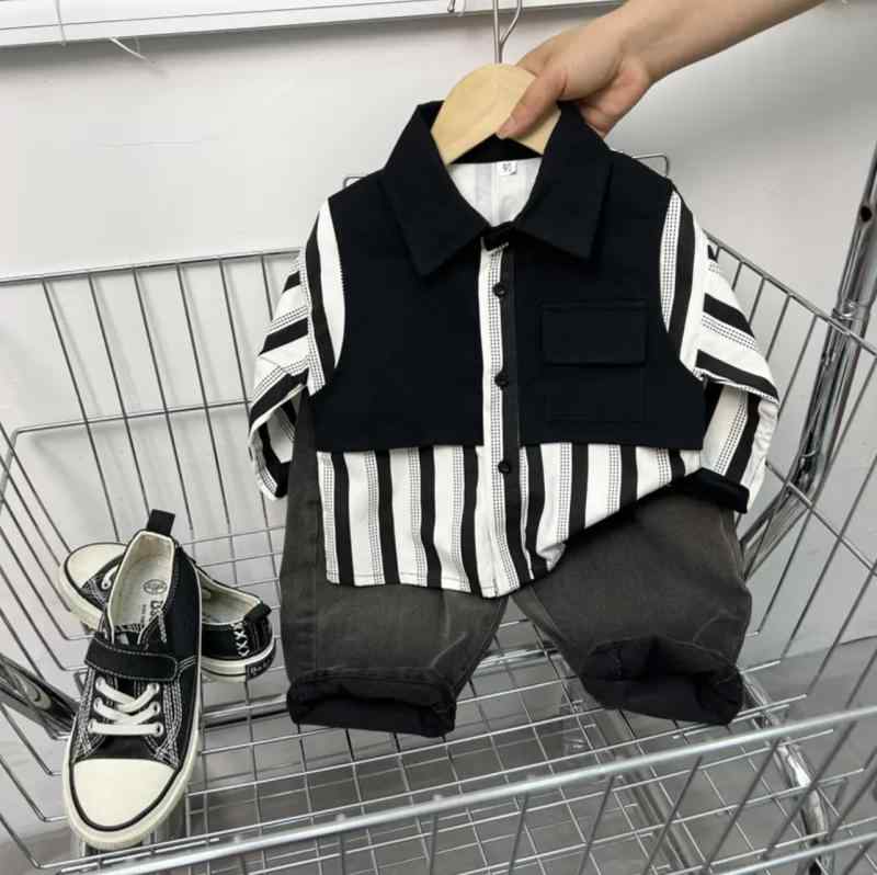 男の子 子供用 長袖シャツ 春秋 韓国風 秋風 ストライプ 切り替え カジュアル トップス 110cm
