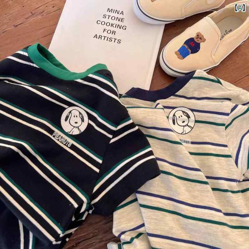 韓国 版 男の子 用 夏の 新作 2026 年 漫画 柄 Tシャツ、 子供 用 ストライプ 半袖...
