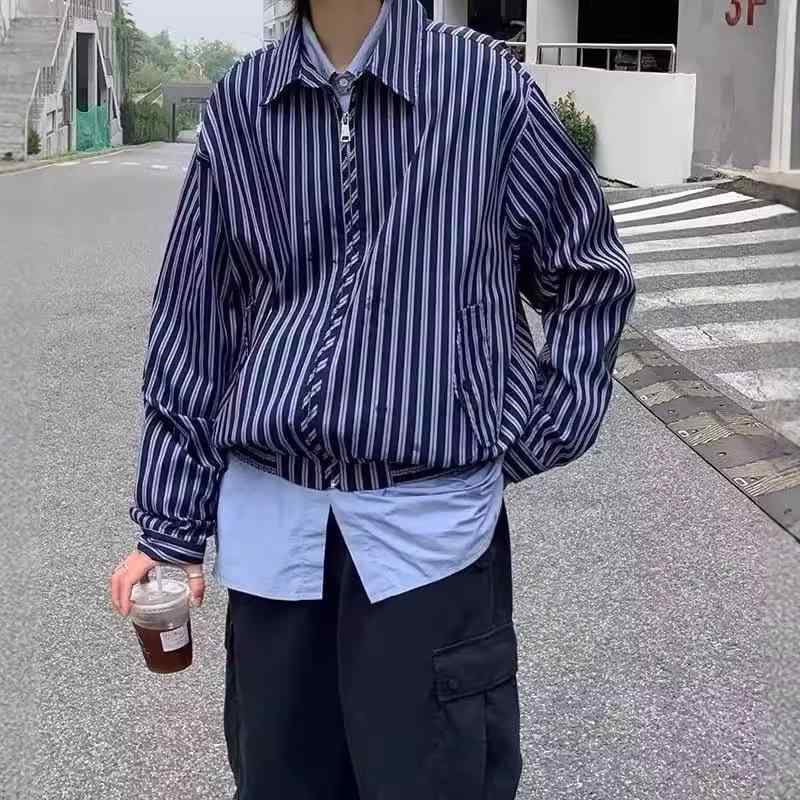 Order Shirts - シャツ メンズ 春秋 ストライプ柄 カジュアル ゆったり 復古風 デザイン性 ジッパー アウター トップス 男性 青年向け 18-24歳向け ポリエステル混紡 日常使い 杏色 青色