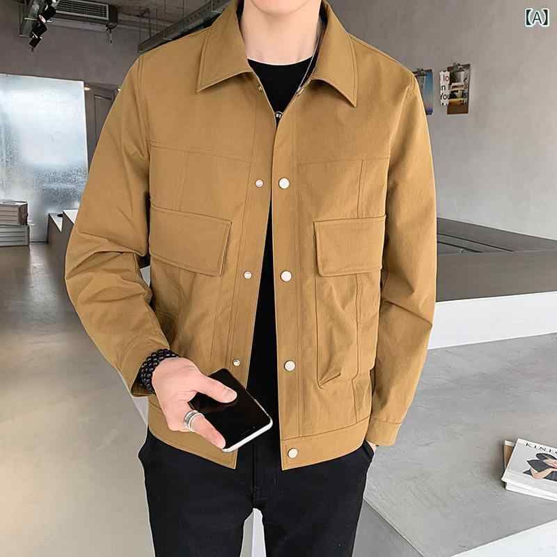 2023 男性 純 色 長袖 シャツ コート 韓国 版 シンプル 流行 工 装 ジャケット 青少年大 ポケット コート