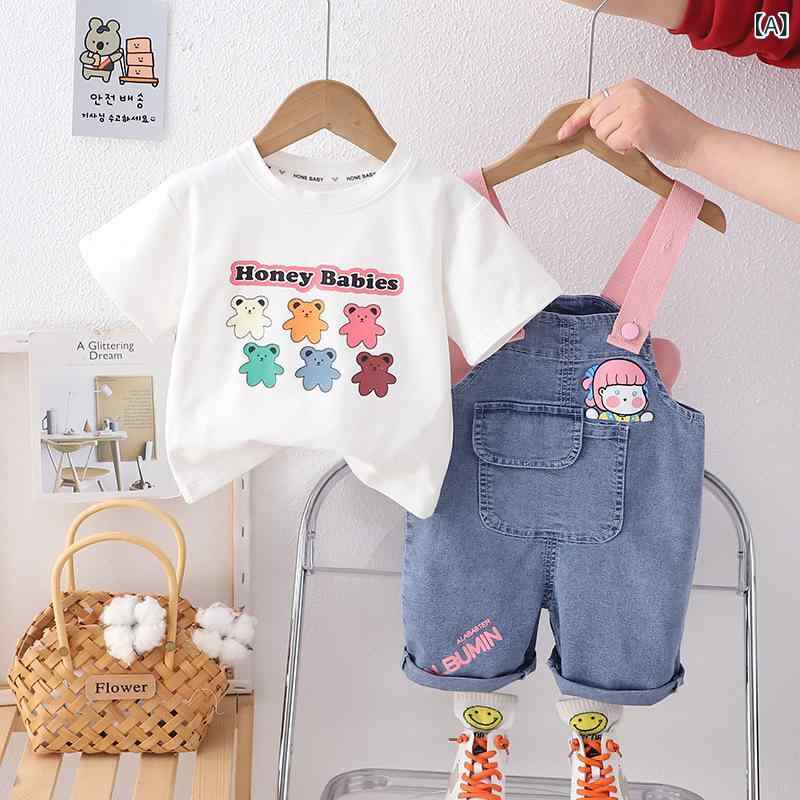 女の子の 夏の 半袖の スーツの 洋風の 韓 範の 赤ちゃんの 夏服の デニムの 背もたれの 2つの セットの 赤ちゃんの 子供の 服