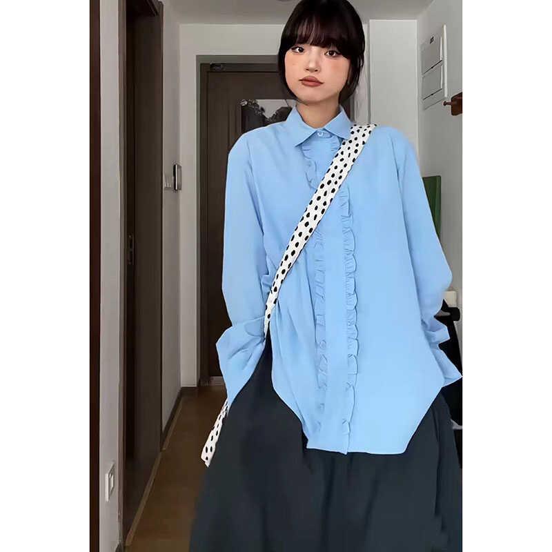 メンズ シャツ 青色 長袖 学院風 ゆったり