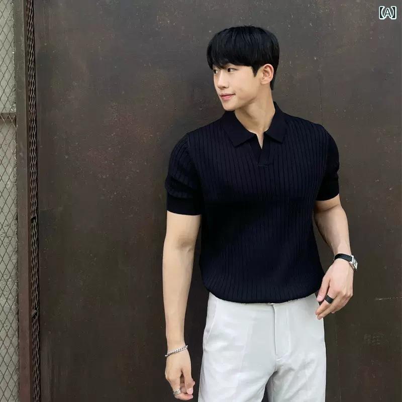 夏の ストライプ 半袖 polo 杉 男 韓国 版 修身 襟 純 色 カジュアル 薄い 半袖 ファッション ニット 上着