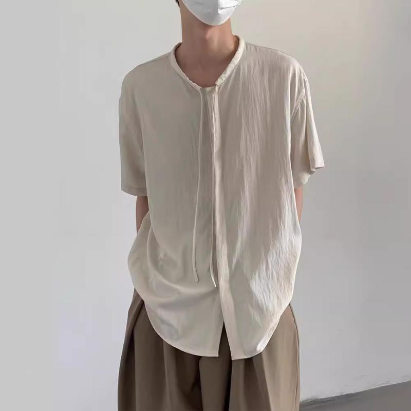 シャツ メンズ 短袖 韓流 デザイン 上衣 楽 2024年 夏物 宽松 休闲 百搭 纯色 立领 M L XL XXL