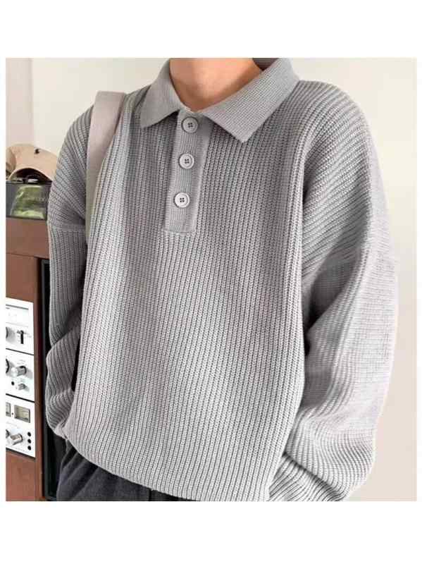 POLO襟 ニットセーター メンズ ゆったり カジュアル ストライプ柄 長袖 2024年冬新作 トレンド 韓国風 おしゃれ トップス