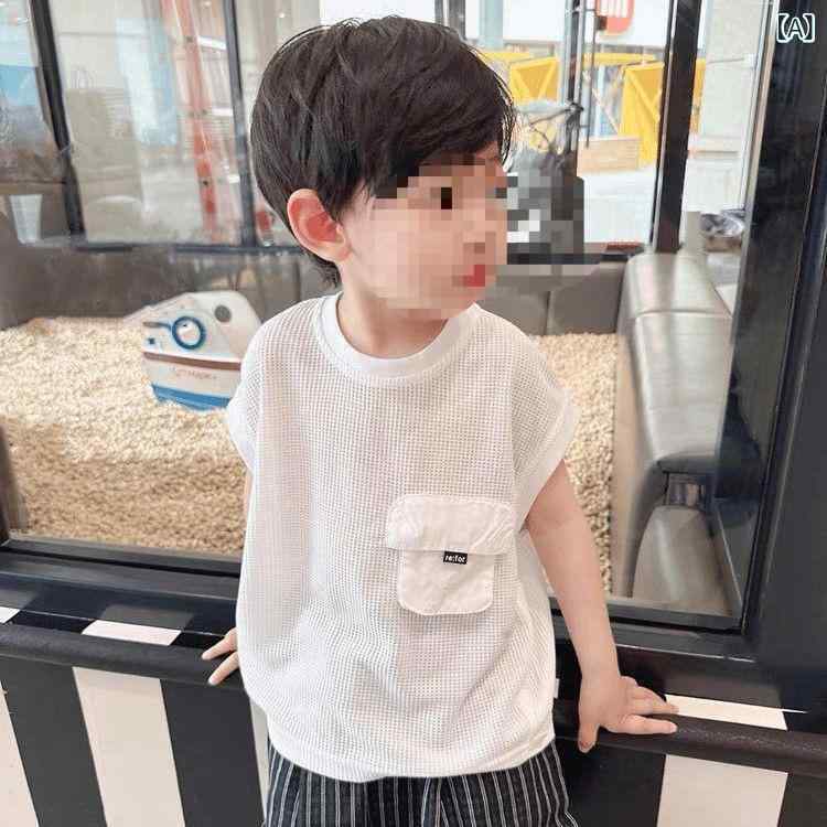 フォークBRの夏男の子Tシャツ タンクトップ キッズTシャツ 無袖トップス 綿素材 半袖風 子供服 白色韓灰色｜アングル2