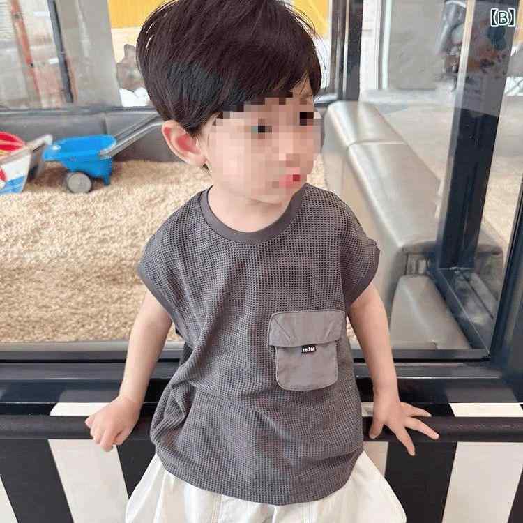 フォークBRの夏男の子Tシャツ タンクトップ キッズTシャツ 無袖トップス 綿素材 半袖風 子供服 白色韓灰色｜アングル3
