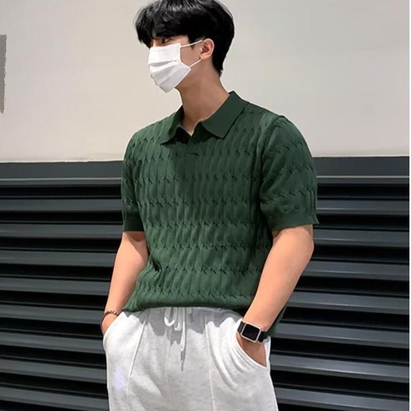 トップス メンズ 半袖 ポロシャツ 高級感 韓国風 スリム 襟付き 無地 カジュアル 薄手 ニット 春夏