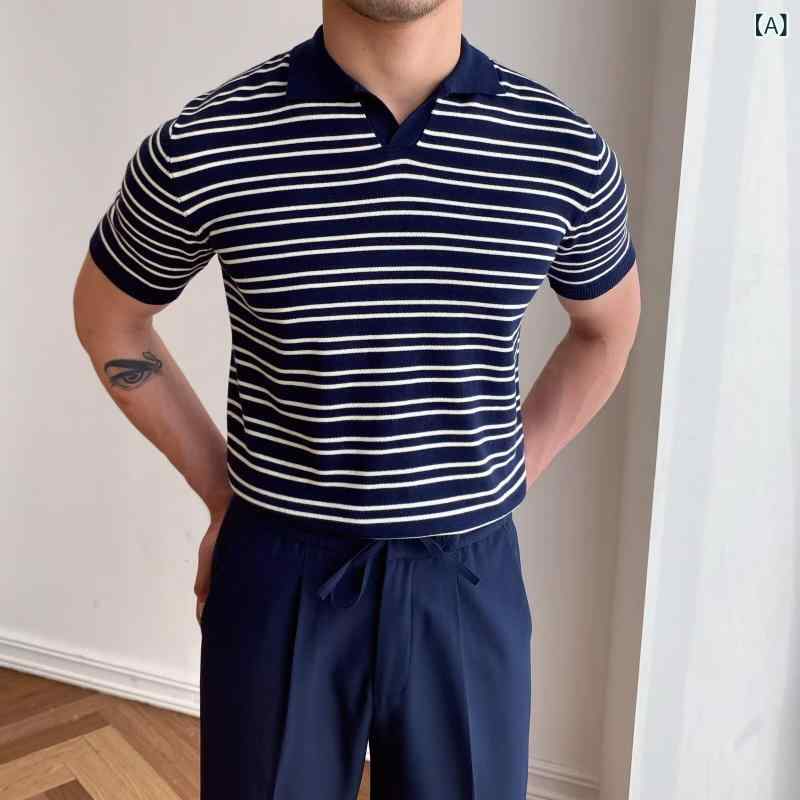 夏の 新しい 氷 糸 ニット 修身 メンズ t シャツ 半袖 ファッション 高級 カジュアルファッションストライプポロシャツ 男