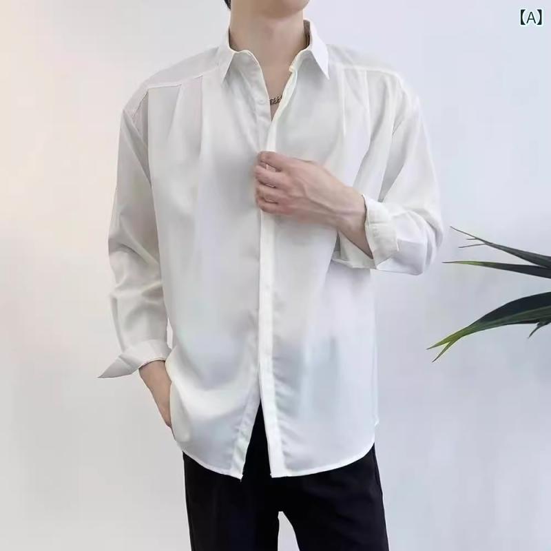 韓 系の ゆったりと した 純 色の 高級な 垂れ 感の 長袖の シャツの 男性の 2024 春の 秋の 上着の 潮流の ごろつきの 帥は 熱い シャツを 免除 します。
