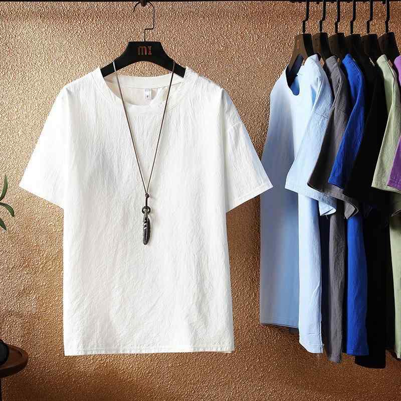 Tシャツ メンズ 棉麻 無地 円領 半袖 トップス カジュアル 夏服 男性用 普段使い 青年服 紳士服 M L XL 2XL 3XL 4XL 5XL