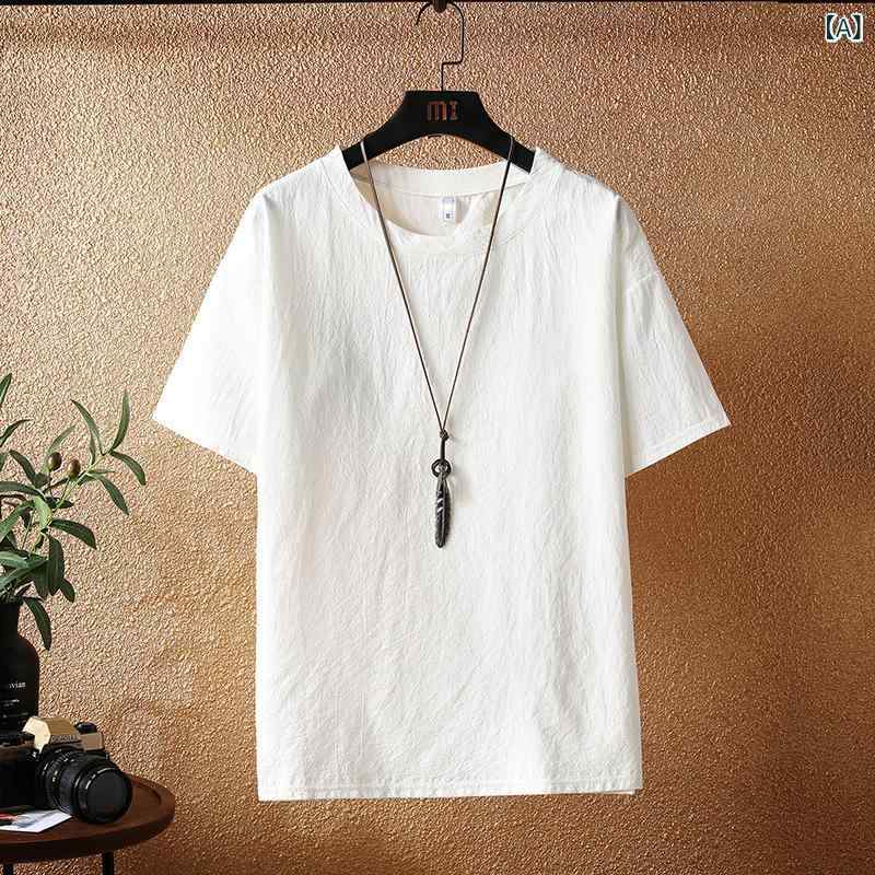 フォークBRのTシャツ メンズ 棉麻 無地 円領 半袖 トップス カジュアル 夏服 男性用 普段使い 青年服 紳士服 M L XL 2XL 3XL 4XL 5XL｜アングル2