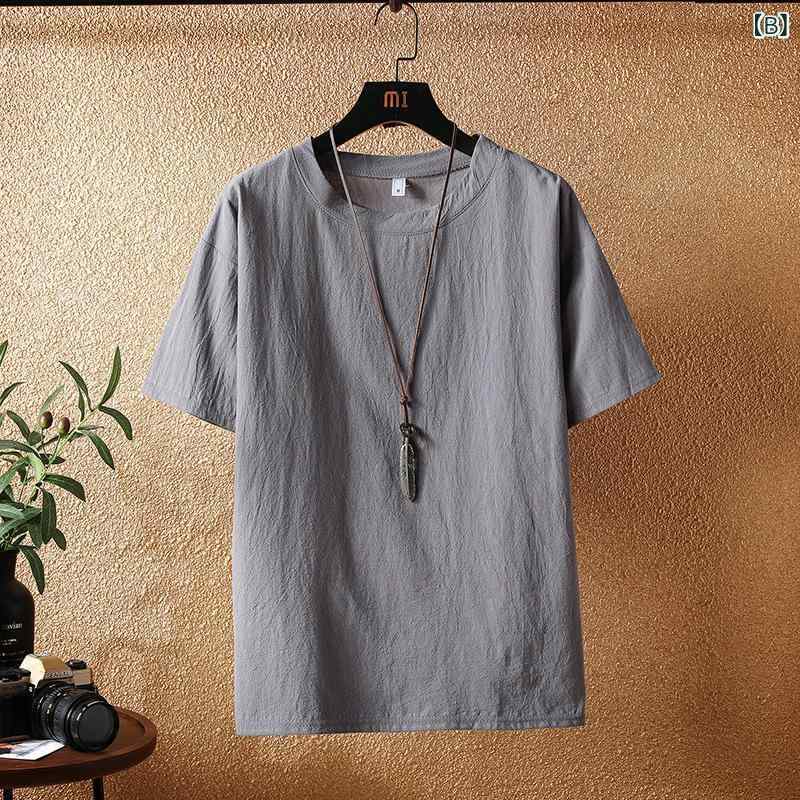 フォークBRのTシャツ メンズ 棉麻 無地 円領 半袖 トップス カジュアル 夏服 男性用 普段使い 青年服 紳士服 M L XL 2XL 3XL 4XL 5XL｜アングル3
