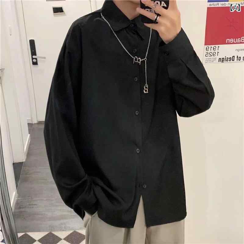 シャツ カジュアルシャツ メンズ 長袖 純色 韓国風 ゆったり デザイナー ファッション 秋服