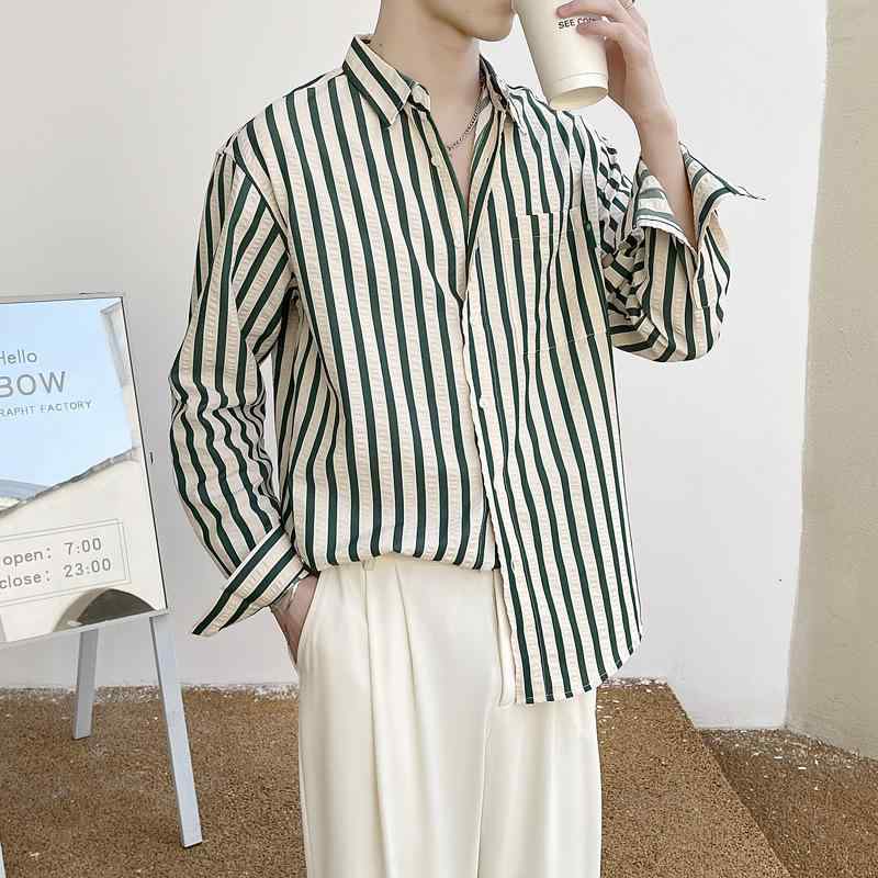 シャツ メンズ ストライプ 薄手 長袖 カジュアルシャツ ポケット付き 修身 韓国風