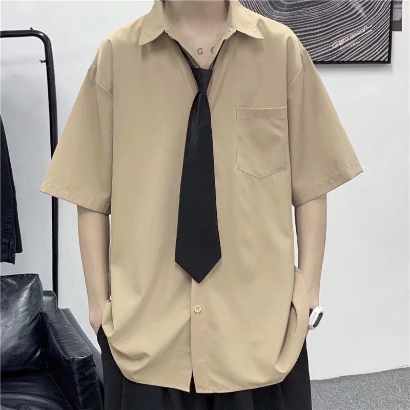 学院風 少年感 シャツ メンズ 五分袖 夏 トップス 涼感 垂感 半そでシャツ