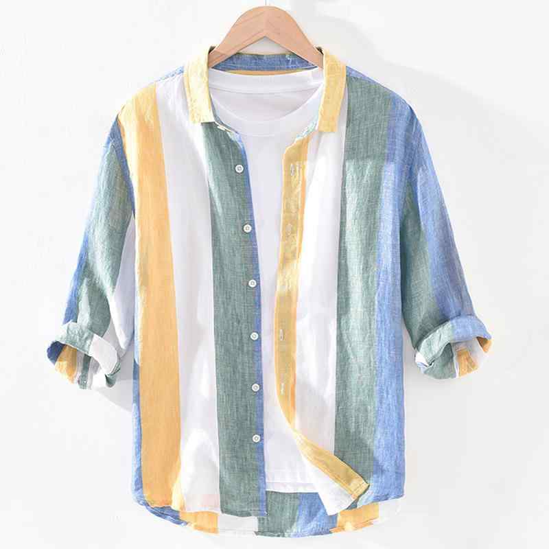 シャツ メンズ 七分袖 薄手 ストライプ 麻混 カジュアル 夏 春夏向け 紳士服 男性用 トップス おしゃれ ファッション 涼しい 軽量 快適 通気性 普段使い 休日 お出かけ デート 旅行 散歩 ランニング スポーツ ジム トレーニング アウトドア キ