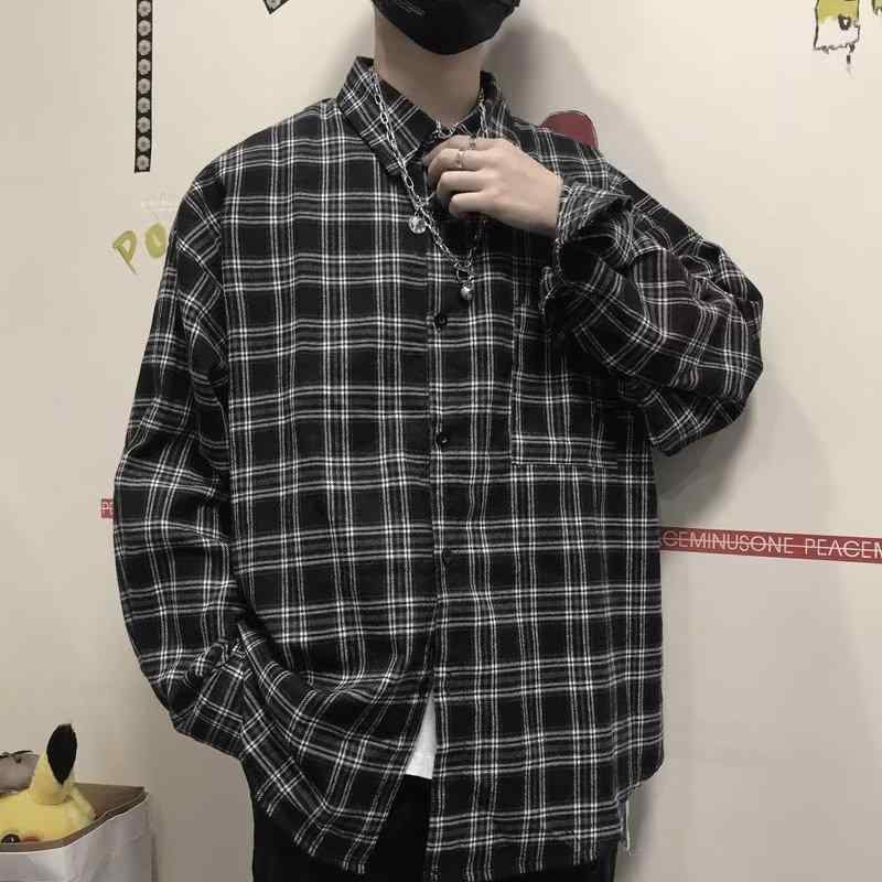 白黒の 格子の シャツの 男性の 長袖の 春秋の 潮の ブランドの 高級 感の ごろつきの かっこいい コートの シャツの 韓 風の chiの カジュアルな 上着