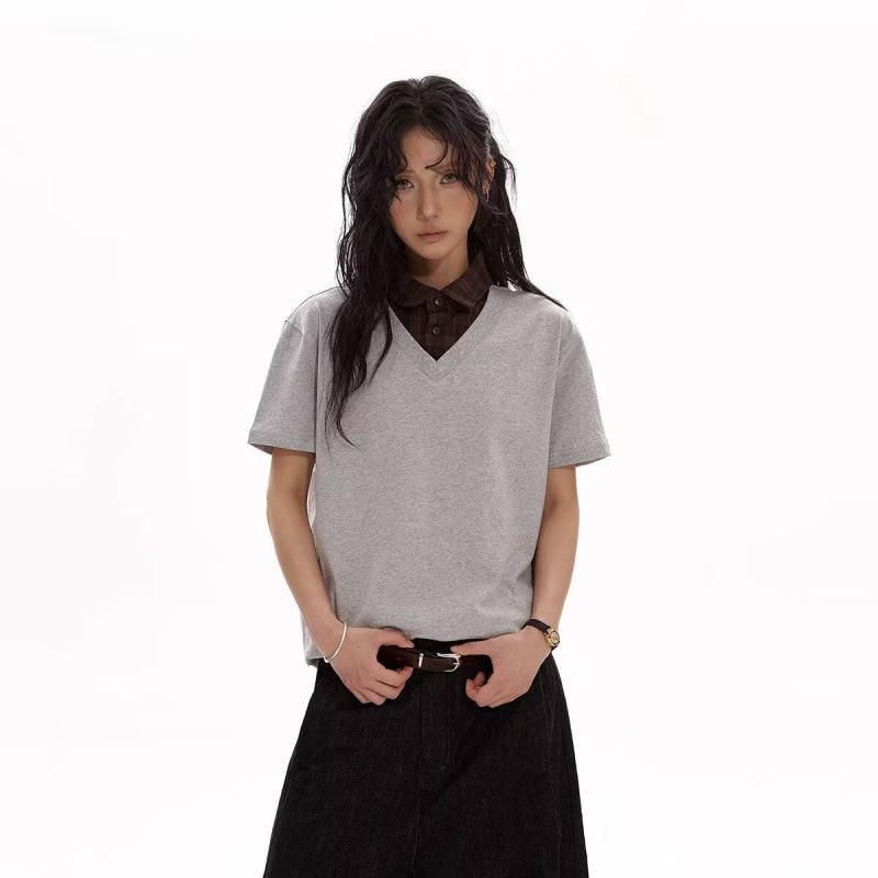 トップス メンズ Tシャツ 半袖 Vネック 重ね着風 格子柄 グレー 夏用