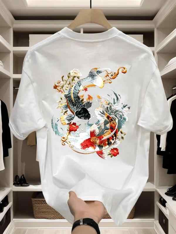 Tシャツ メンズ 半袖 夏 錦鯉柄 国潮風 ゆったり カジュアルTシャツ 綿100% トップス 220g