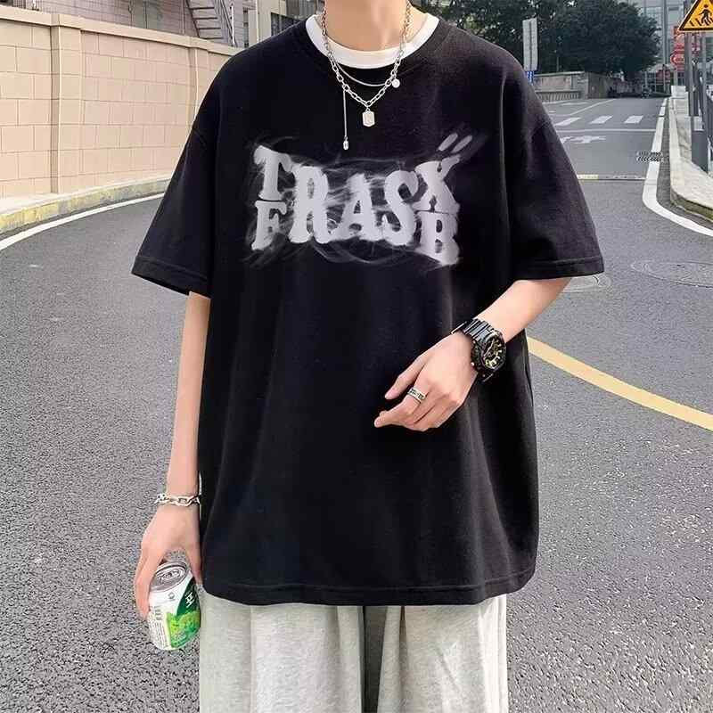 Tシャツ メンズ 夏 デザイン感 小顔 美式 大碼 流行 トップス 白 黒 青杏色