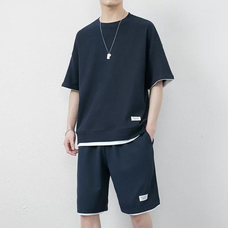 メンズ camisetas 短袖 短裤 休闲 运动套装 冰丝 华夫格 灰色 藏青色 藏青色 黒色 杏色 藏青色