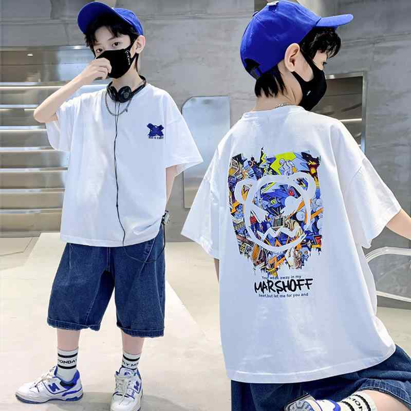 子供服 夏 プリント 宽松 洋気 Tシャツ 男の子 ベビー 綿 半袖 中大童 潮 吸湿速乾 黒 白