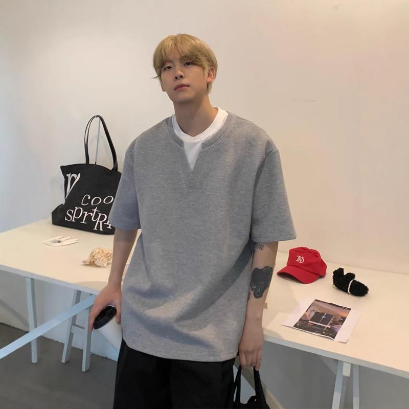 Tシャツ メンズ Vネック 半袖Tシャツ メンズ 夏服 韓流風 シンプル カジュアルTシャツ 男性用 トップス 軽量 通気性 綿100% ブラック グレー