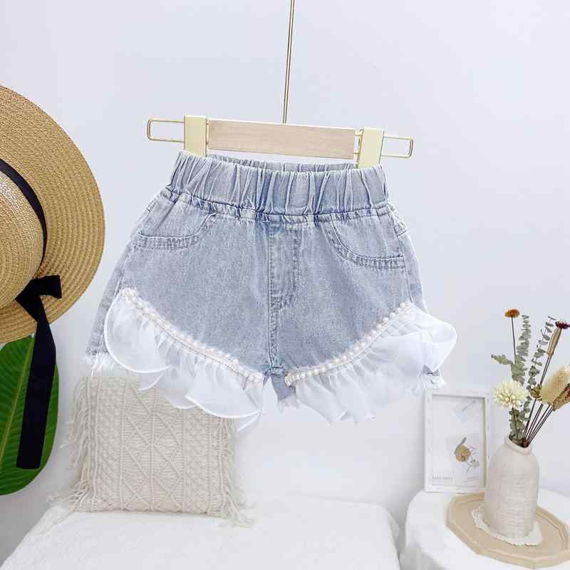 Girls' denim shorts, summer shorts with tulle lace and frills, knee-length, casual, cute, and stylish, for everyday wear. Suitable for ages 3, 4, 5, 6, 7, and 8. Sizes: 100cm, 110cm, 120cm, 130cm, 140cm.