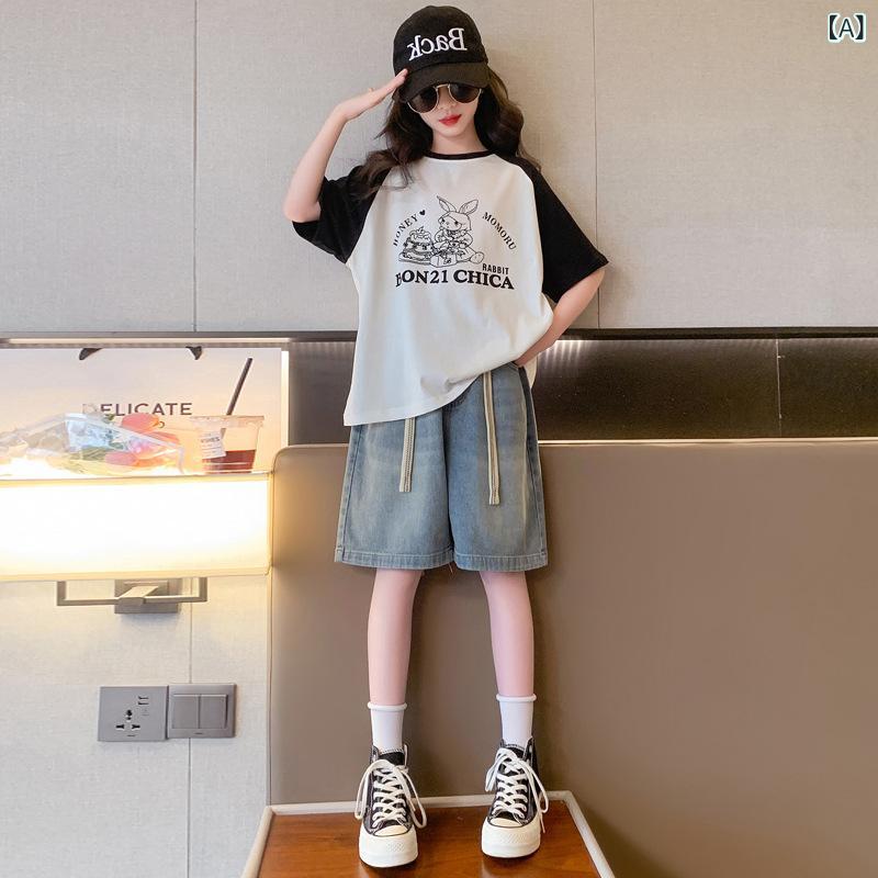 乐天商城 - 女の子 用 夏 用 ショート パンツ セット 2026 新作 韓国 風 子供 用 パンツ 女の子 用 夏服 薄手 デニム 五 分 丈 パンツ