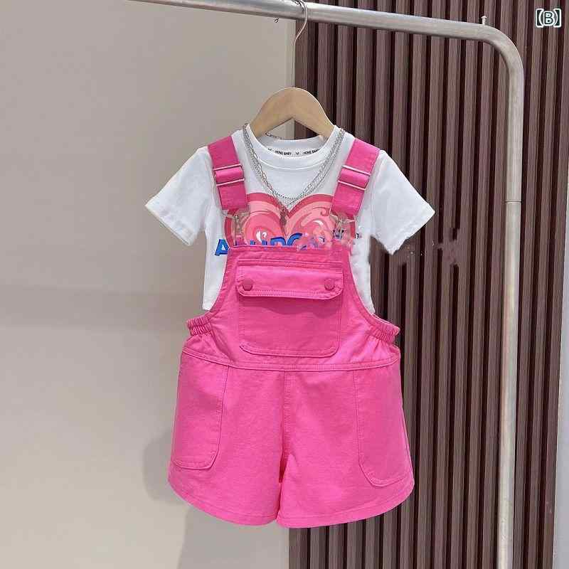 フォークBRの女の子の 愛の バックの ズボンの スーツの 夏の 薄い タイプの 洋 気の 韓国 版の 百 合の カジュアルな 服装の 女性の 大きい 子供の ネットの 赤い 2つの セット｜アングル2
