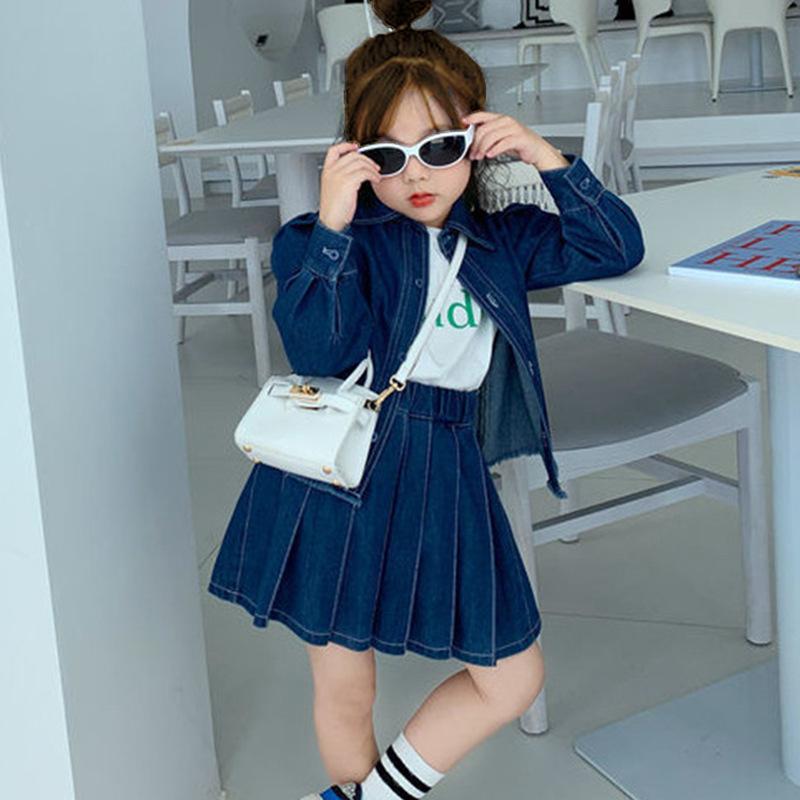 아이 옷 소녀 데님 설정 긴팔 셔츠 주름 스커트 2 점 세트 봄 가을 캐주얼 귀여운 세련된 귀여운 3 세 4 세 5 세 6 세 7 세 8 세 100cm 110cm 120cm 130cm 140cm