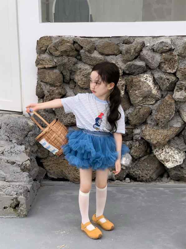 Girls' T-shirt and Tulle Skirt Set - Short Sleeve, Striped, Ribbon, Tulle, Pleated Skirt - Summer Wear - Ages 3, 4, 5, 6, 7, 8 - Sizes 100cm, 110cm, 120cm, 130cm, 140cm - 100% Cotton